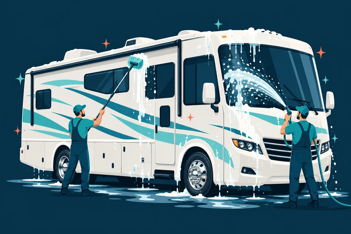 Whaleshine technicians hand washing a Class A motorhome